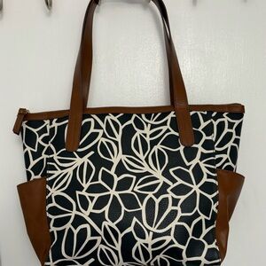 Fossil Brown and Black Floral Tote Bag